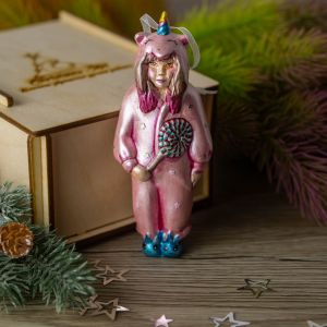Елочная игрушка девочка в костюме единорога розовая