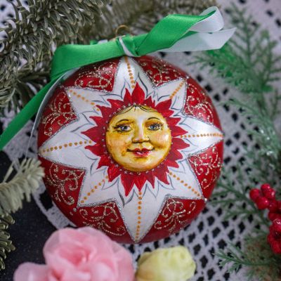 Елочная игрушка Масленичное солнышко красное